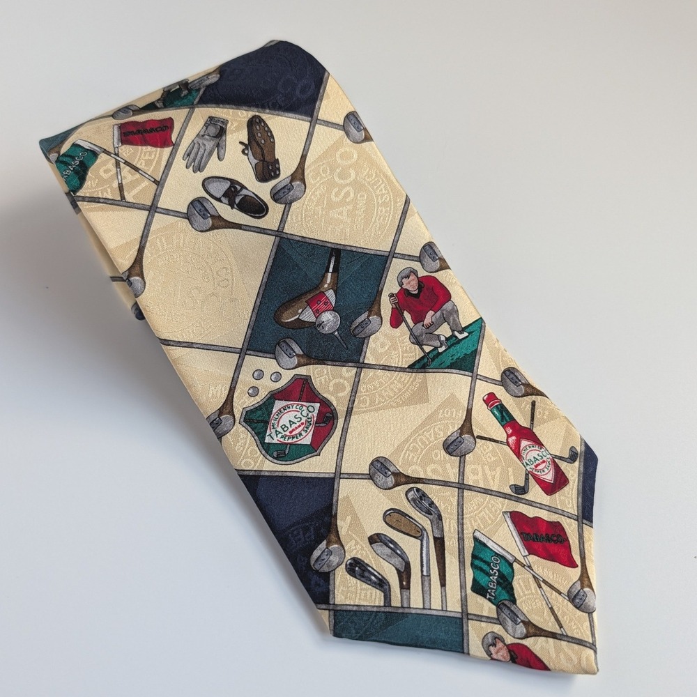Tabasco Sauce Mens Silk Tie Golf Theme Novelty Navy Blue McIlhenny Co USA NWT